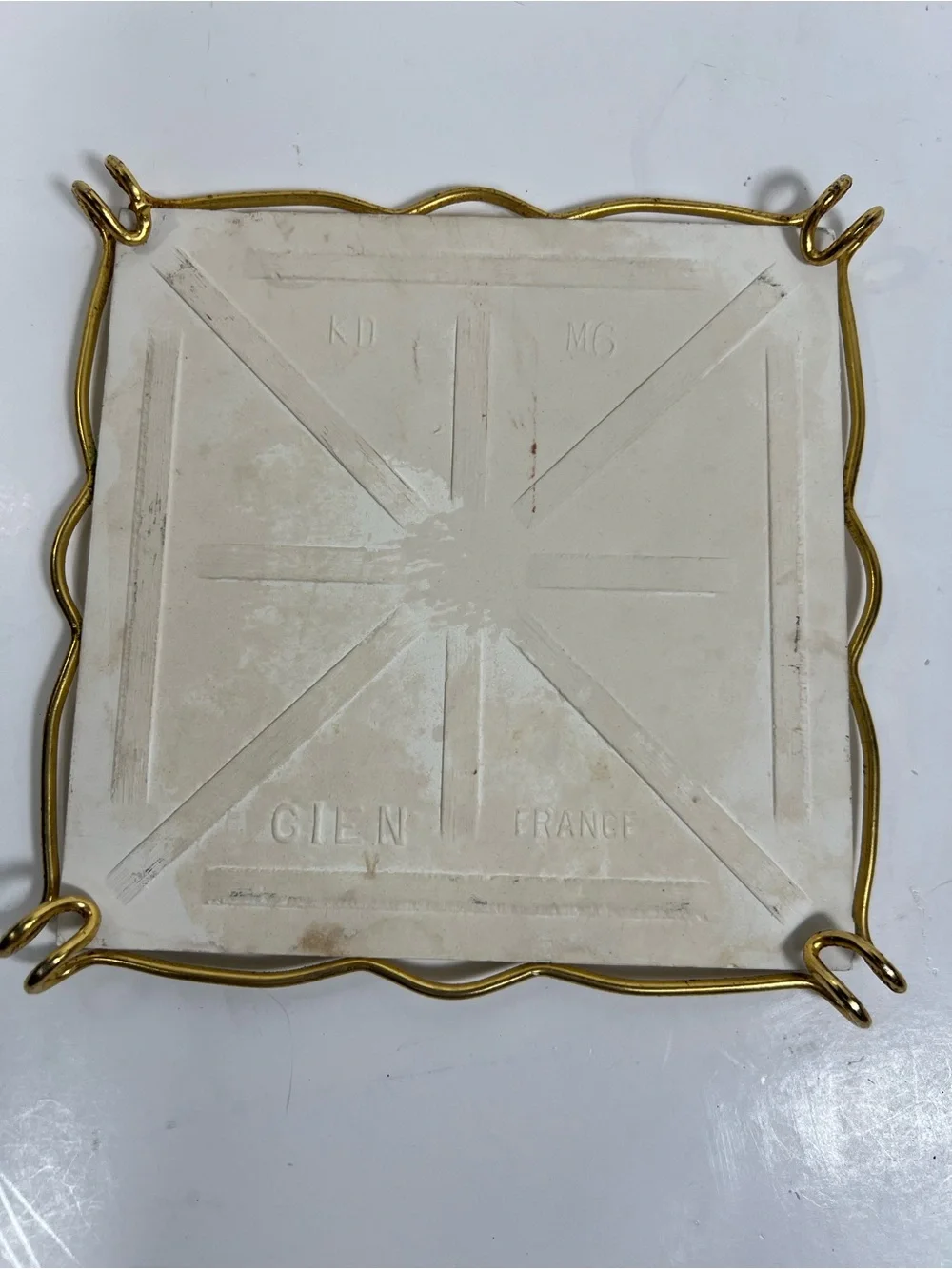 Vintage Gien France Grands Crustaces Lobster Ceramic Tile Trivet Gold Tone Frame